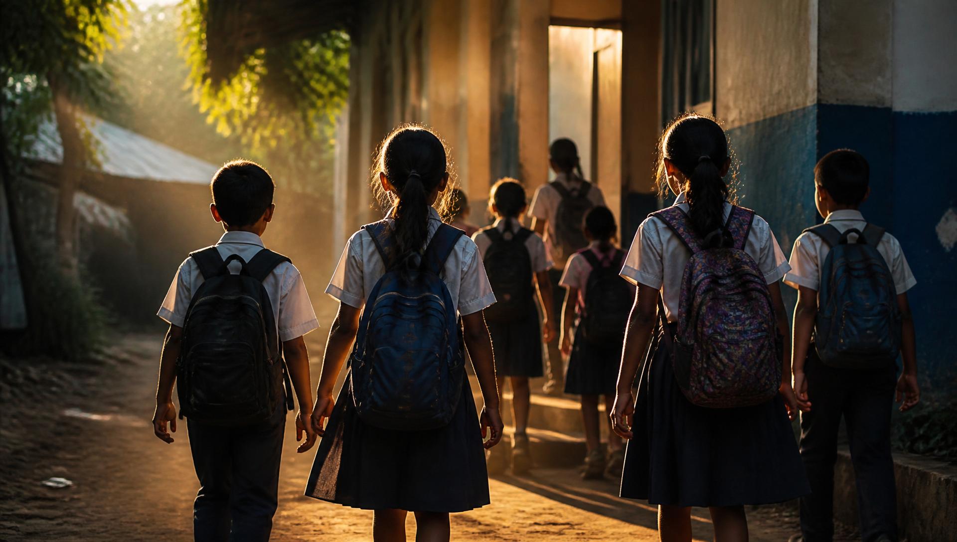 Students walking toward class at golden hour